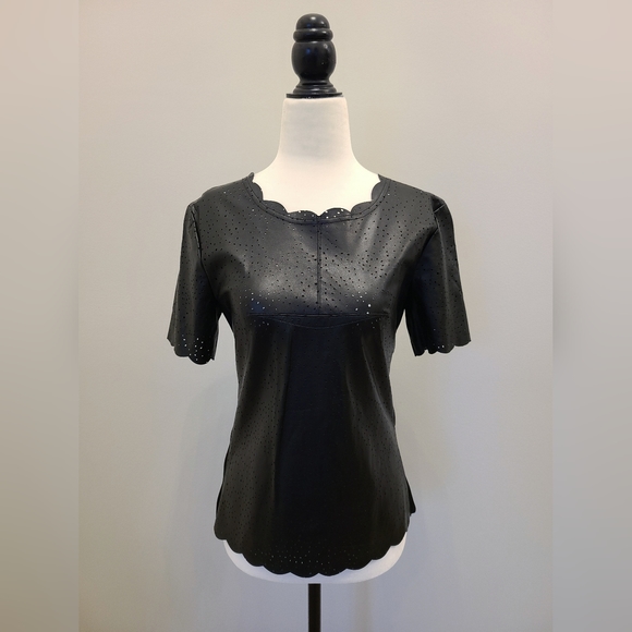 BCBG MaxAzria Tulum Black Perforated Leather Short Sleeve Top S NWOT - Picture 1 of 11